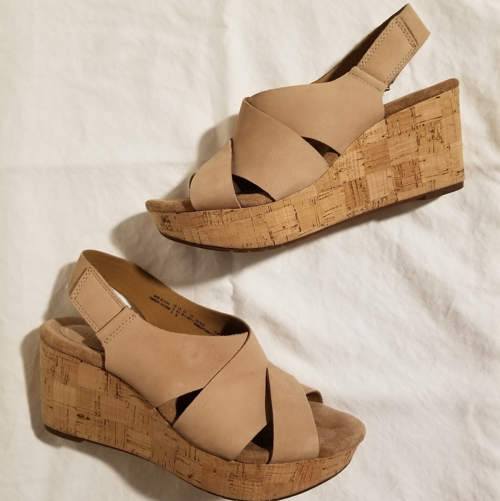 Clark's Artisan nude cork wedge sandal comfy